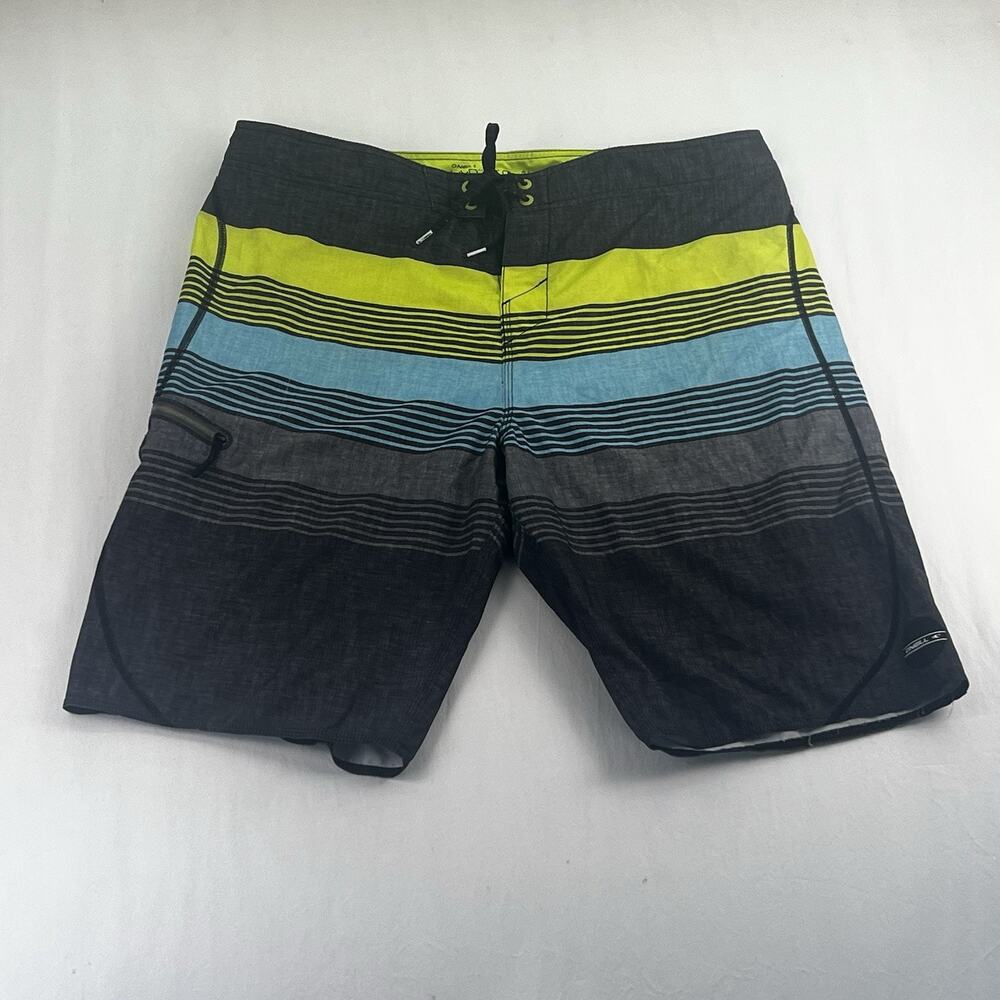 O'Neill Hyperfreak Board Shorts Men's 36 Gray Neon Stripe Stretch Swim